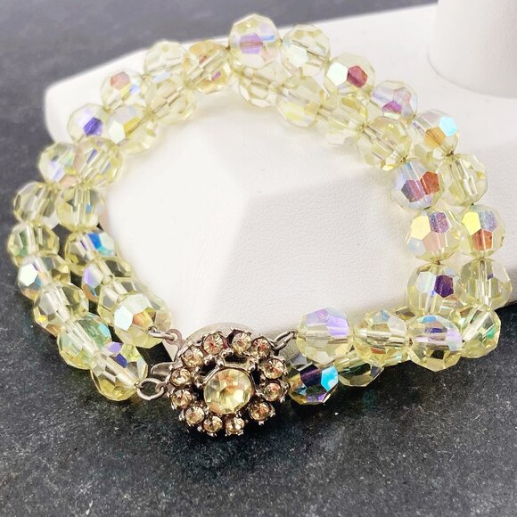 VINTAGE Yellow peridot green AB coated double-strand glass beaded bracelet - Picture 1 of 8